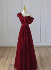 Wine Red Satin and Tulle A-line Simple Prom Dresses, Floor Length Party Dresses