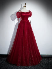 Wine Red Satin and Tulle Straps Long Prom Dresses, Wine Red Off Shoulder Party Dresses