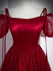 Wine Red Satin and Tulle Straps Long Prom Dresses, Wine Red Off Shoulder Party Dresses