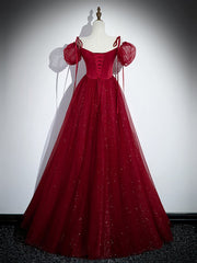 Wine Red Satin and Tulle Straps Long Prom Dresses, Wine Red Off Shoulder Party Dresses