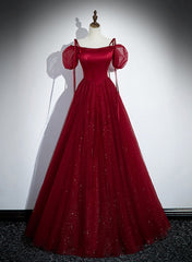 Wine Red Satin and Tulle Straps Long Prom Dresses, Wine Red Off Shoulder Party Dresses