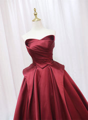 Wine Red Satin Long Party Dresses, A-line Wine Red Prom Dresses