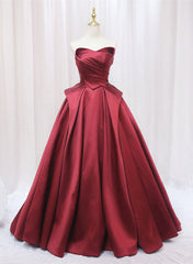 Wine Red Satin Long Party Dresses, A-line Wine Red Prom Dresses