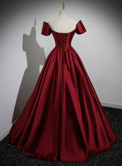 Wine Red Satin Long Party Dresses, Off Shoulder Sweetheart Floor Length Prom Dresses