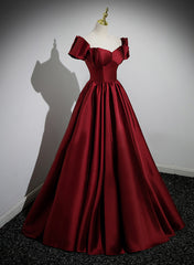 Wine Red Satin Long Party Dresses, Off Shoulder Sweetheart Floor Length Prom Dresses