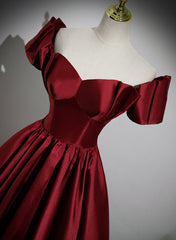 Wine Red Satin Long Party Dresses, Off Shoulder Sweetheart Floor Length Prom Dresses