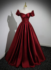 Wine Red Satin Long Party Dresses, Off Shoulder Sweetheart Floor Length Prom Dresses