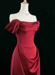 Wine Red Satin Off Shoulder Long Party Dresses, Wine Red Satin Prom Dresses