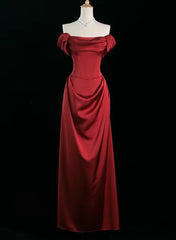 Wine Red Satin Off Shoulder Long Party Dresses, Wine Red Satin Prom Dresses