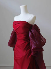 Wine Red Satin Scoop Long Formal Dresses, Wine Red Long Evening Dresses Prom Dresses