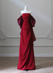 Wine Red Satin Scoop Long Formal Dresses, Wine Red Long Evening Dresses Prom Dresses