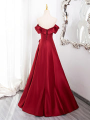 Wine Red Satin Sweetheart Off Shoulder Prom Dresses, Wine Red Party Dresses with Leg Slit