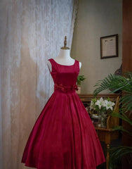 Wine Red Satin Tea Length Party Dresses with Bow, Wine Red Wedding Party Dresses