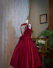 Wine Red Satin Tea Length Party Dresses with Bow, Wine Red Wedding Party Dresses