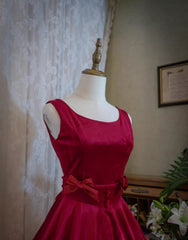 Wine Red Satin Tea Length Party Dresses with Bow, Wine Red Wedding Party Dresses