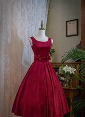 Wine Red Satin Tea Length Party Dresses with Bow, Wine Red Wedding Party Dresses