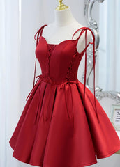 Wine Red Satin V-neckline Straps Beaded Short Prom Dresses, Wine Red Party Dresses