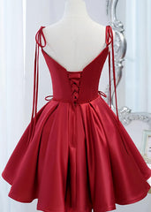 Wine Red Satin V-neckline Straps Beaded Short Prom Dresses, Wine Red Party Dresses