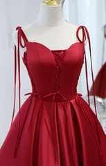 Wine Red Satin V-neckline Straps Beaded Short Prom Dresses, Wine Red Party Dresses