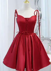 Wine Red Satin V-neckline Straps Beaded Short Prom Dresses, Wine Red Party Dresses