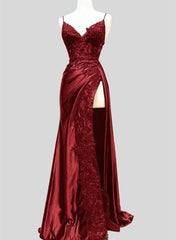 Wine Red Satin with Lace Formal Dresses, Wine Red Evening Dresses Prom Dresses