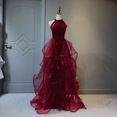 Wine Red Sequins and Tulle Halter Long Prom Dresses, Wine Red Evening Dresses