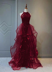 Wine Red Sequins and Tulle Halter Long Prom Dresses, Wine Red Evening Dresses