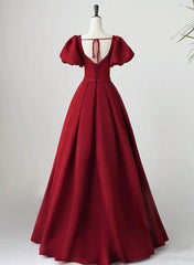 Wine Red Short Sleeves A-line Floor Length Party Dresses, Long Prom Dresses