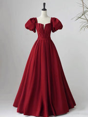 Wine Red Short Sleeves A-line Floor Length Party Dresses, Long Prom Dresses