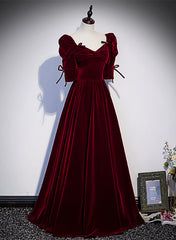 Wine Red Short Sleeves A-line Long Party Dresses, Wine Red Bridesmaid Dresses