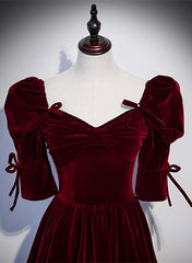 Wine Red Short Sleeves A-line Long Party Dresses, Wine Red Bridesmaid Dresses