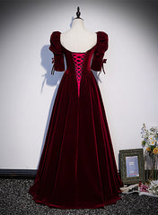 Wine Red Short Sleeves A-line Long Party Dresses, Wine Red Bridesmaid Dresses