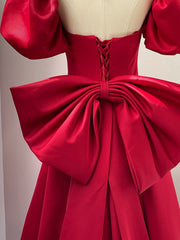 Wine Red Short Sleeves Satin A-line Party Dresses, Wine Red Long Prom Dresses with Bow