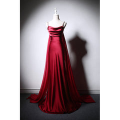 Wine Red Soft Satin Long Straps Long A-line Prom Dresses, Wine Red Evening Dresses