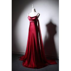 Wine Red Soft Satin Long Straps Long A-line Prom Dresses, Wine Red Evening Dresses