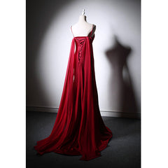 Wine Red Soft Satin Long Straps Long A-line Prom Dresses, Wine Red Evening Dresses