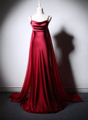 Wine Red Soft Satin Long Straps Long A-line Prom Dresses, Wine Red Evening Dresses