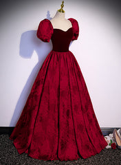 Wine Red Sweetheart Short Sleeves Long Party Dresses, Wine Red Evening Dresses Prom Dresses