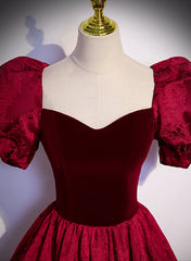 Wine Red Sweetheart Short Sleeves Long Party Dresses, Wine Red Evening Dresses Prom Dresses