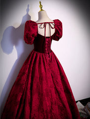 Wine Red Sweetheart Short Sleeves Long Party Dresses, Wine Red Evening Dresses Prom Dresses