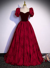 Wine Red Sweetheart Short Sleeves Long Party Dresses, Wine Red Evening Dresses Prom Dresses