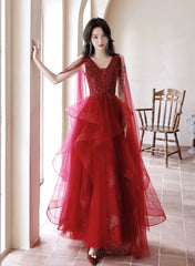 Wine Red Tulle and Beaded Long Formal Dresses, Wine Red Floor Length Prom Dresses