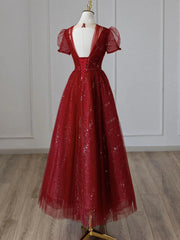 Wine Red Tulle Cap Sleeves Bridesmaid Dresses, Wine Red Long Prom Dresses