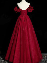 Wine Red Tulle Short Sleeves Beaded Party Dresses, A-line Wine Red Prom Dresses