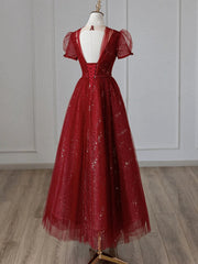 Wine Red Tulle Short Sleeves Long Party Dresses Wine Red Evening Gown prom Dresses shops