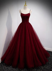 Wine Red Tulle Straps Long Evening Dresses Party Dresses,Wine Red Prom Dresses