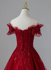 Wine Red Tulle with Sequins and Lace Party Dresses, Wine Red A-line Prom Dresses