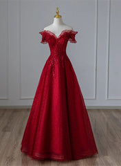 Wine Red Tulle with Sequins and Lace Party Dresses, Wine Red A-line Prom Dresses