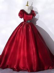 Wine Red V-neckline Beaded Ball Gown Prom Dresses, Wine Red Sweet 16 Dresses