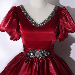 Wine Red V-neckline Beaded Ball Gown Prom Dresses, Wine Red Sweet 16 Dresses